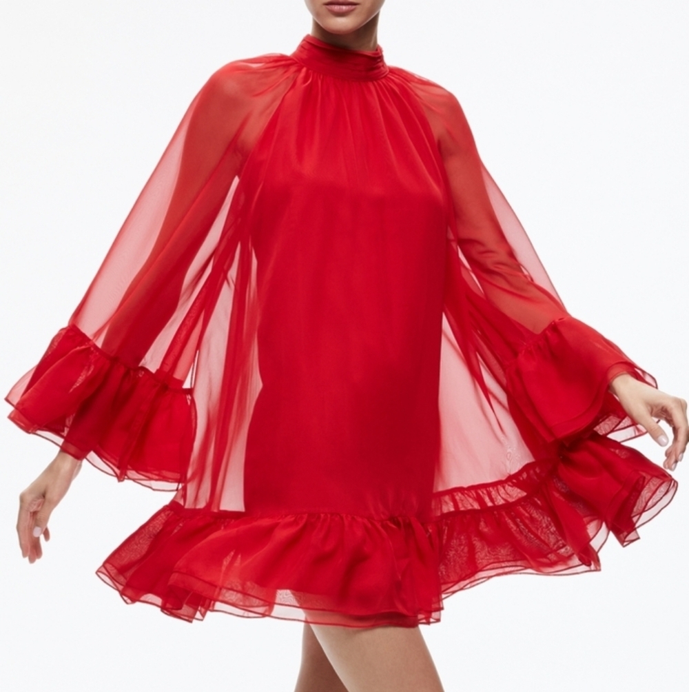 Alice + Olivia Red Chiffon Ruffle Flowy Erna Mock Neck Cape Sleeve Mini Dress Xs